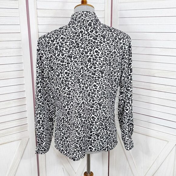 Notations Leopard Print Button Up Blouse White Black Small Long Sleeve Collared - Picture 4 of 11